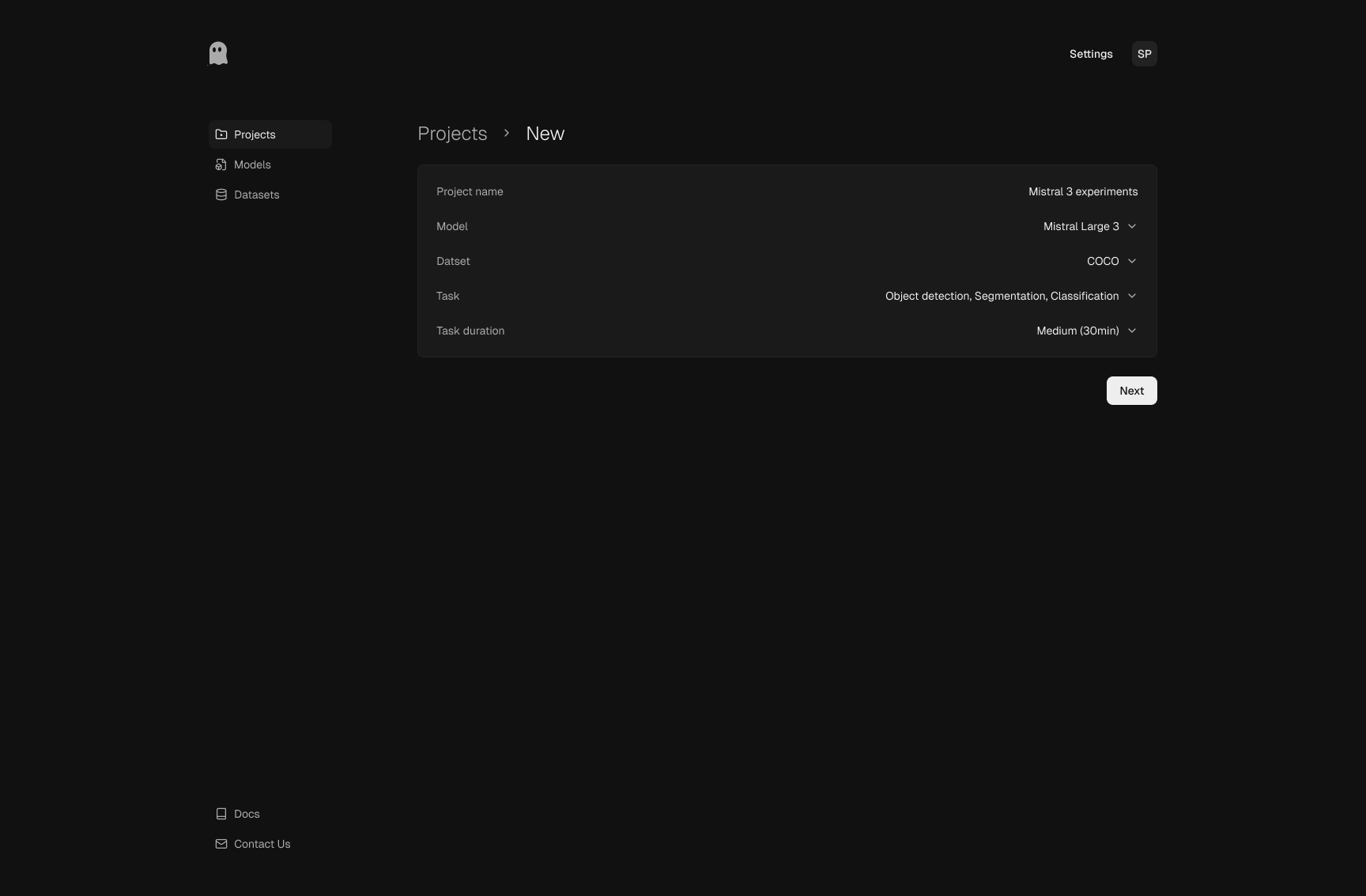 Poltergeist new project form with model, dataset, task, and duration fields