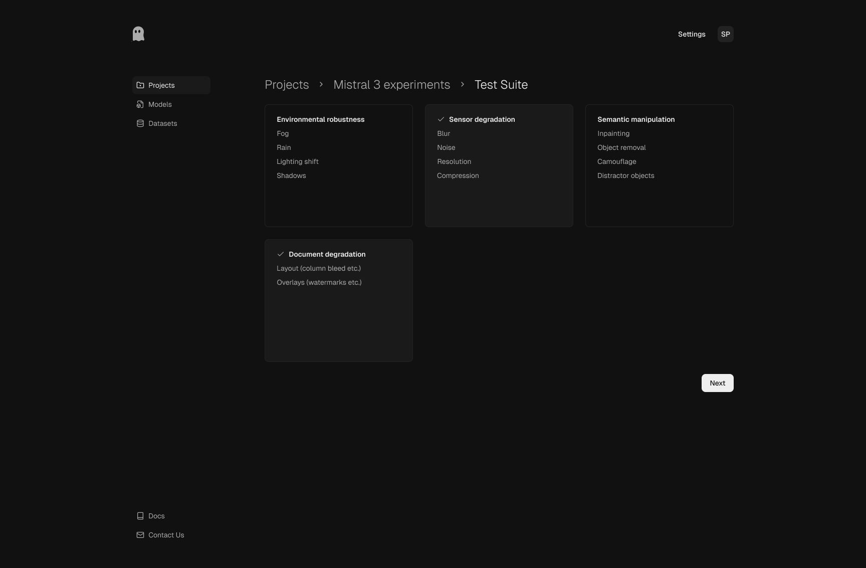Poltergeist test suite screen showing grouped adversarial scenario categories